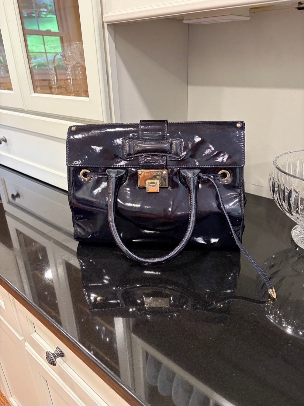 Jimmy Choo Patent Leather Satchel Handbag in Deep Navy